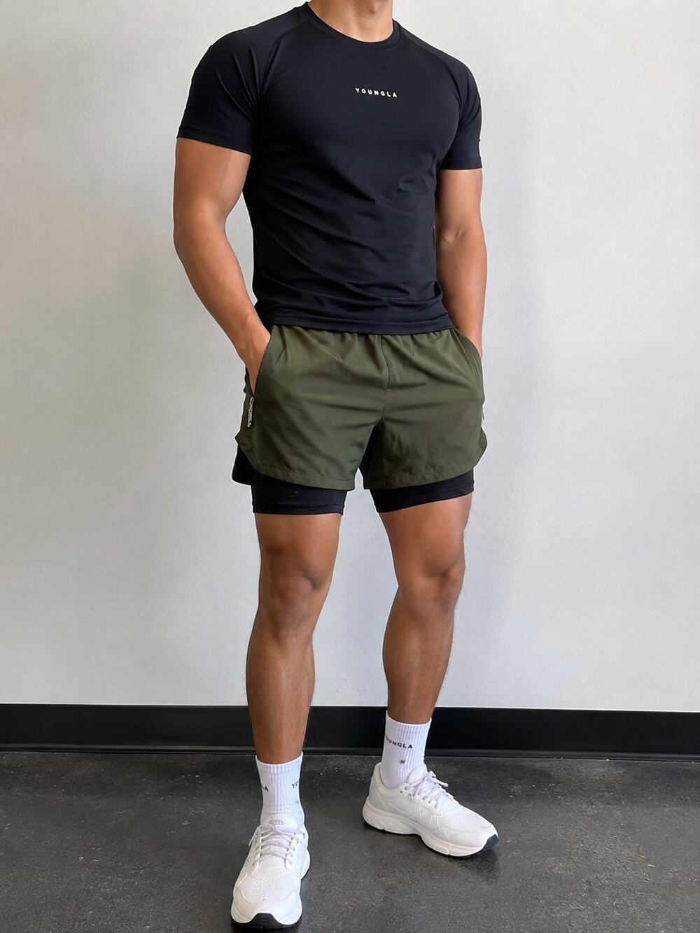 YoungLA Men's Performance 2-in-1 Training Shorts – Olive Green/Black, sz M